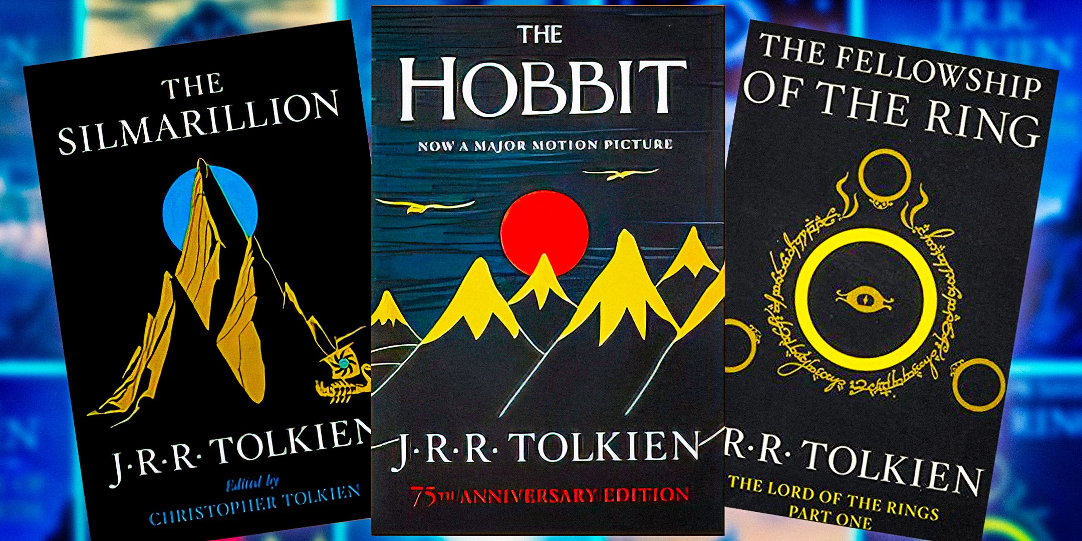 J.R.R  Tolkien book covers including The Silmarillion, The Hobbit, and The Fellowship of the RIng
