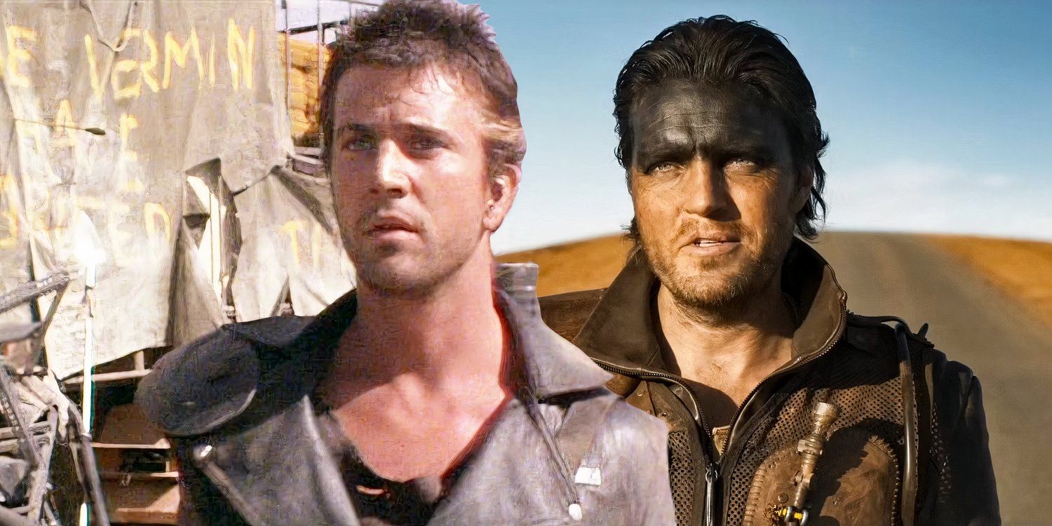 Max Rockatansky (Mel Gibson) in Mad Max 2: The Road Warrior next to Praetorian Jack (Tom Burke) in Furiosa: A Mad Max Saga