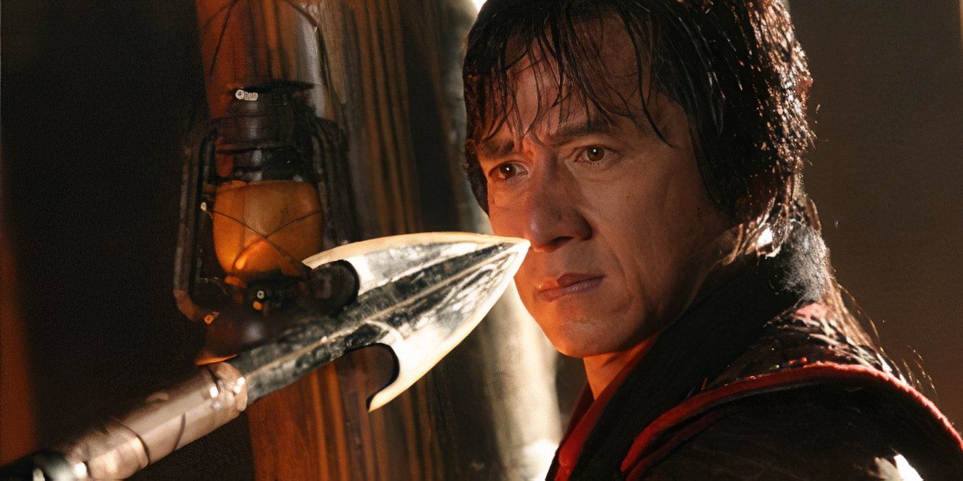 Jackie Chan looking at spear tip in The Twins Effect 2 (2004)