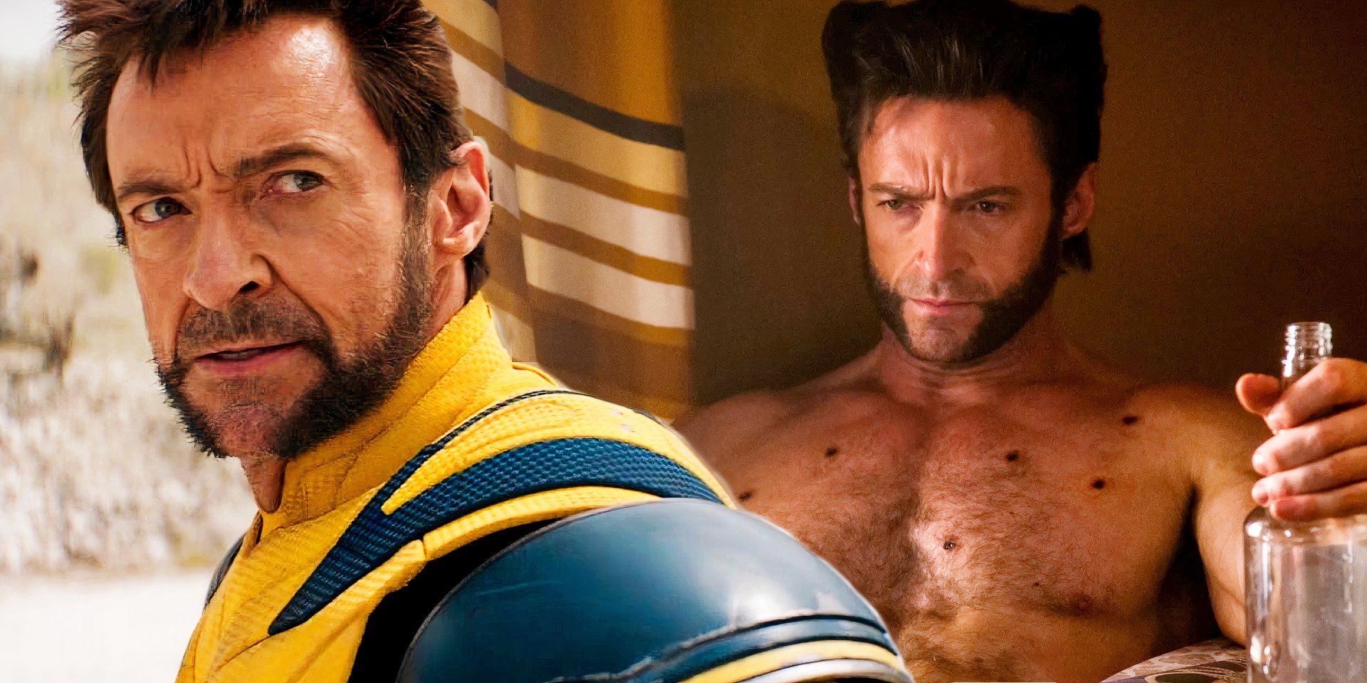 Hugh Jackman as Wolverine looking back at Deadpool and holding a bottle in X-Men: Days of Future Past