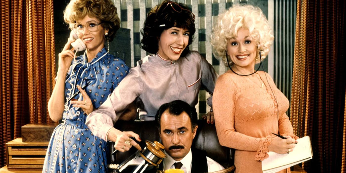 Jane Fonda, Lily Tomlin and Dolly Parton stand over Dabney Coleman as he's tied to an office chair in 9 to 5