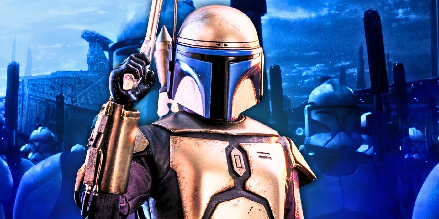 Jango Fett lifts his blaster, edited over a blue background of the clones