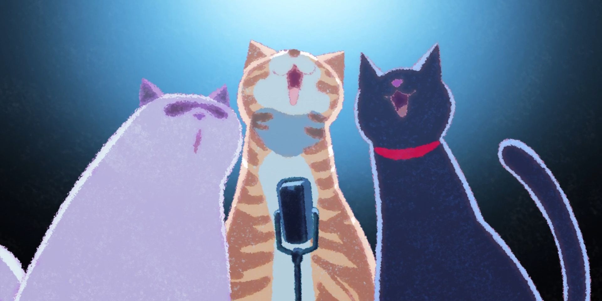 Three cats sing in front of a microphone, from Great Pretender's ending, which uses Freddy Mercury's The Great Pretender