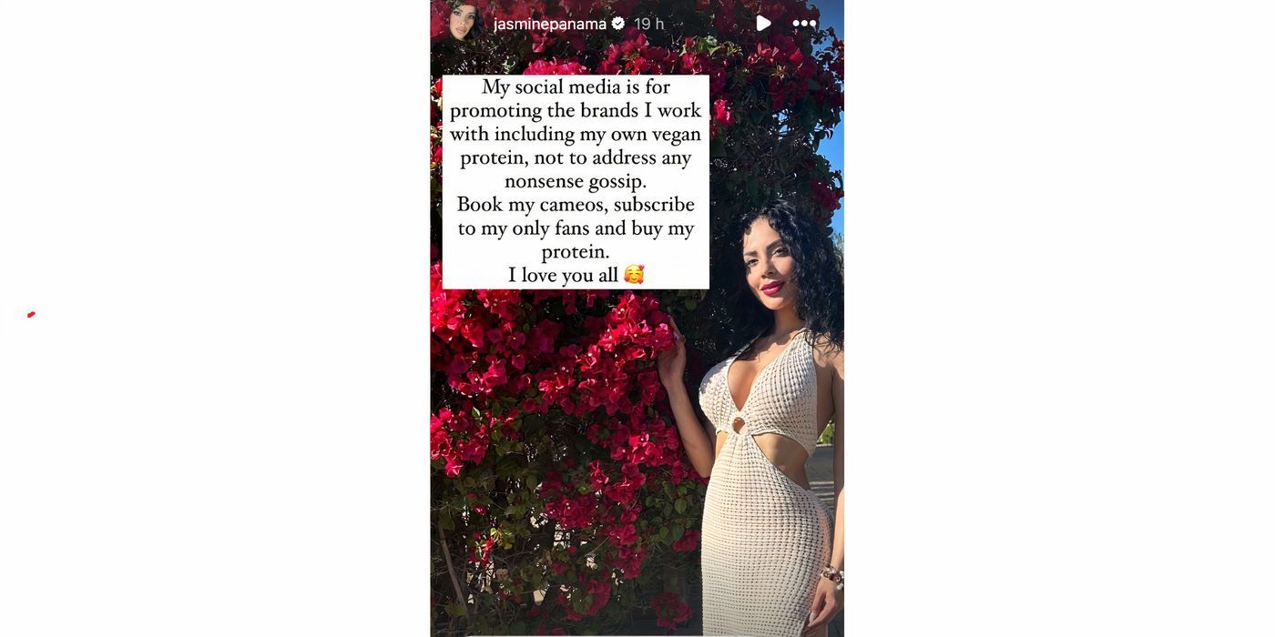 Jasmine Pineda In 90 Day Fiance on Instagram stories in beige knitted dress with bougainvillea bouganvellia