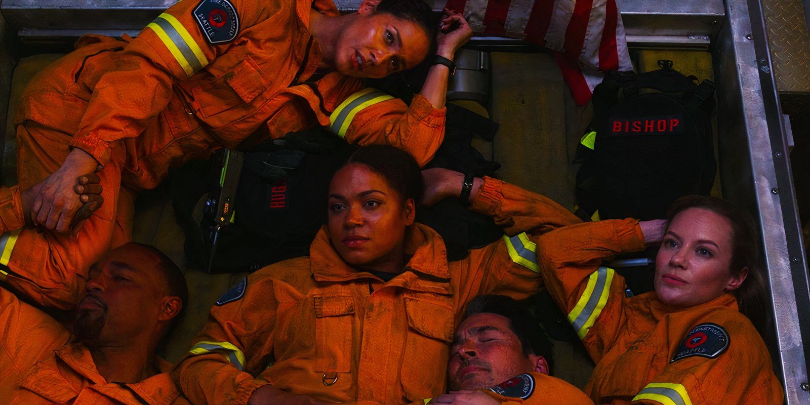 Jason George as Ben Warren, Jaina Lee Ortiz as Andy Herrera, Barrett Doss as Vic Hughes Jay Hayden as Travis Montgomery and Danielle Savre as Maya Bishop in Station 19 season 7 episode 9