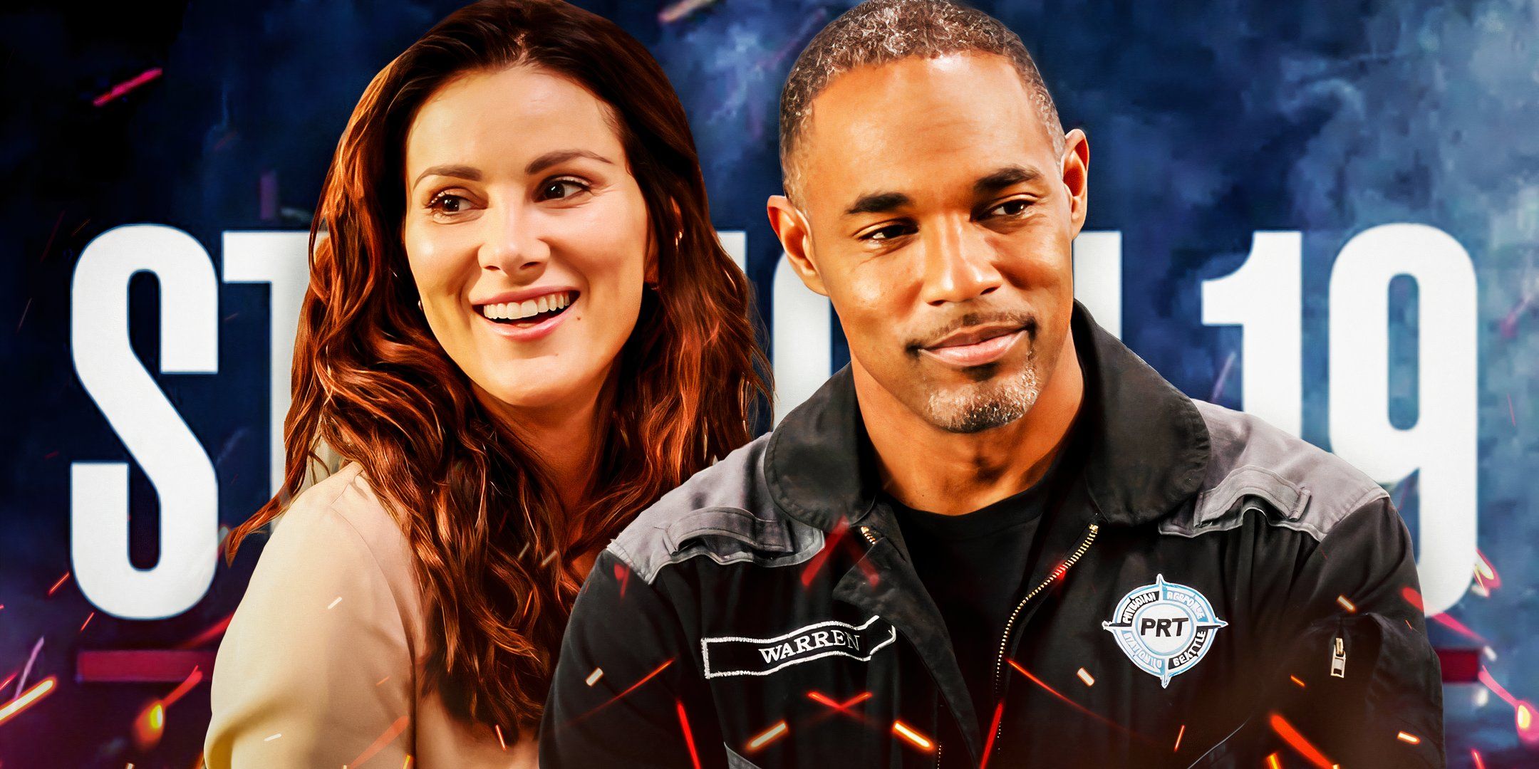 Jason George as Dr. Ben Warren looking content and Stefania Spampinato as Dr. Carina DeLuca smiling in Station 19
