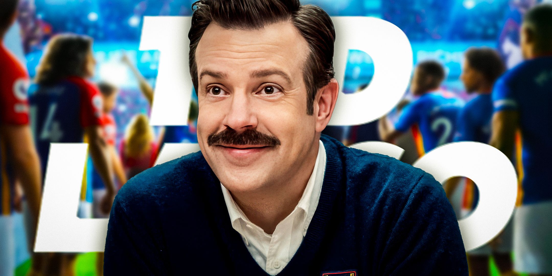 Jason Sudeikis as Ted Lasso smiling with football players behind him in Ted Lasso