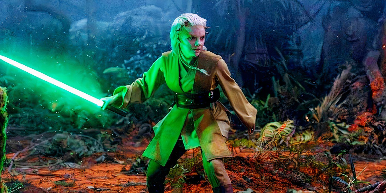 Jedi Padawan Jecki Lon brandishes her green lightsaber in a dark forest in Star Wars The Acolyte