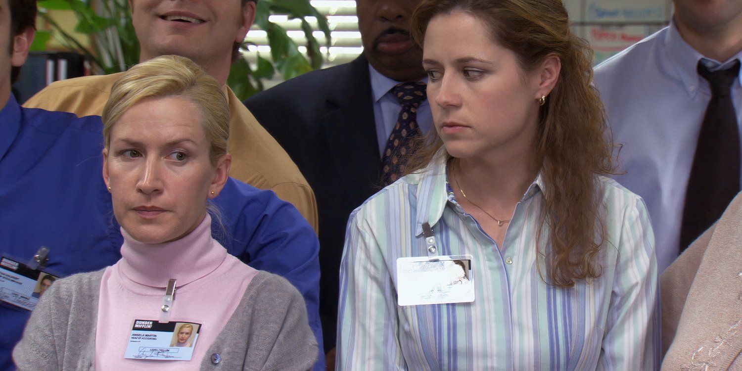 Jenna Fisher as Pam giving Angela (Angela Martin) the side-eye in The Office episode Conflict Resolution