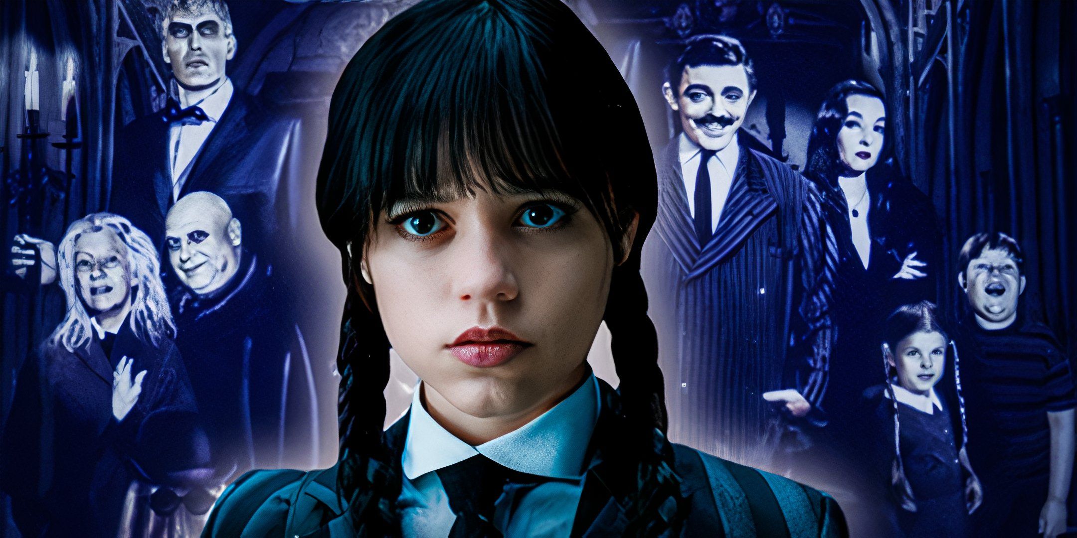 Jenna Ortega as Wednesday Addams from Wednesday with the Addams Family from the 1960s sitcom