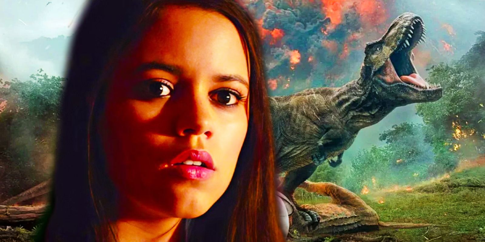 Jenna Ortega na frente do pôster de Jurassic World: Fallen Kingdom