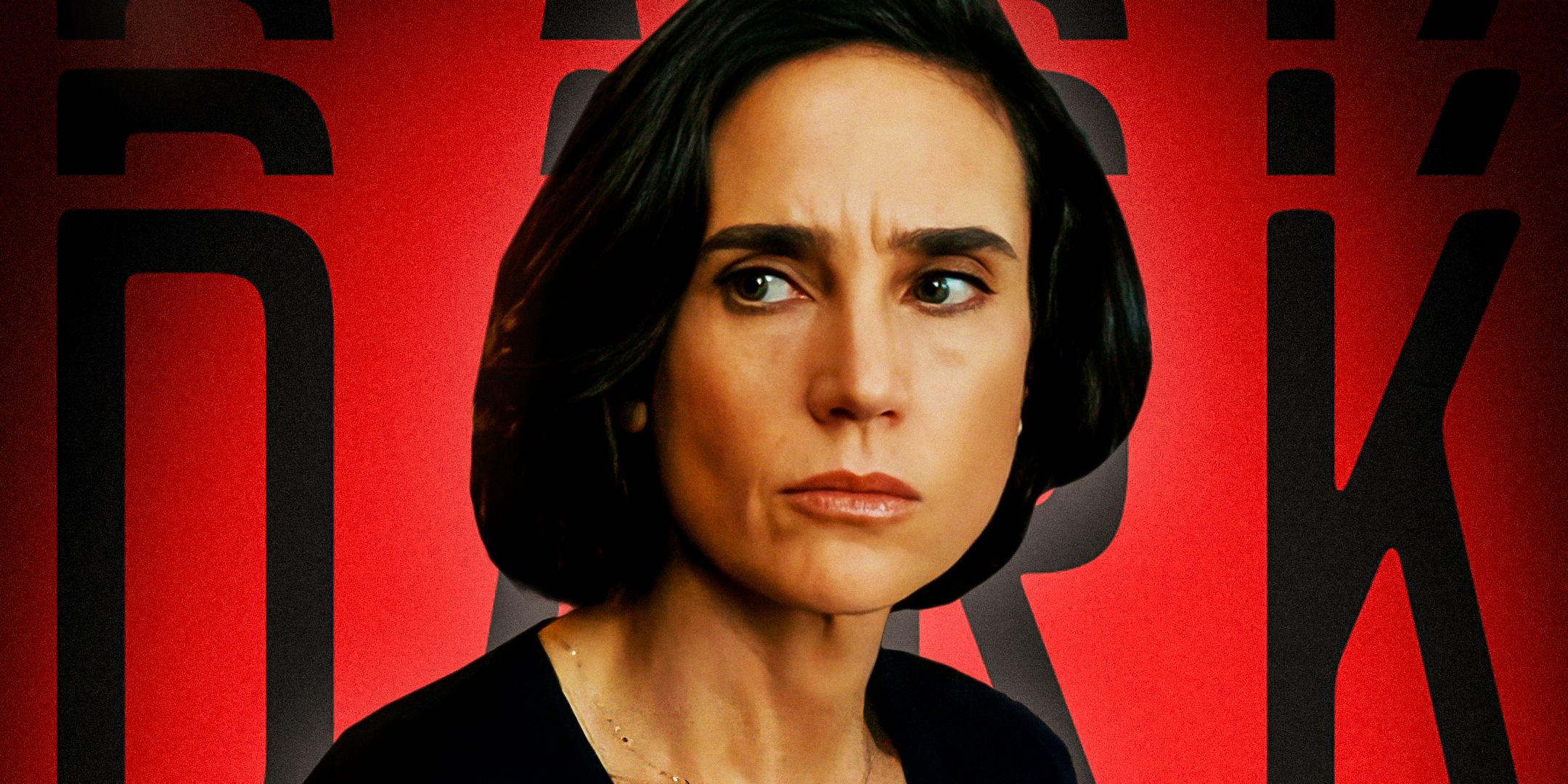 A custom image of Jennifer Connelly as Daniela from Dark Matter against a background of the Dark Matter book cover