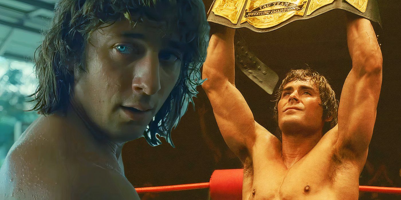 Jeremy Allen White as Kerry Von Erich and Zac Efron holding a title as Kevin Von Erich in The Iron Claw-1