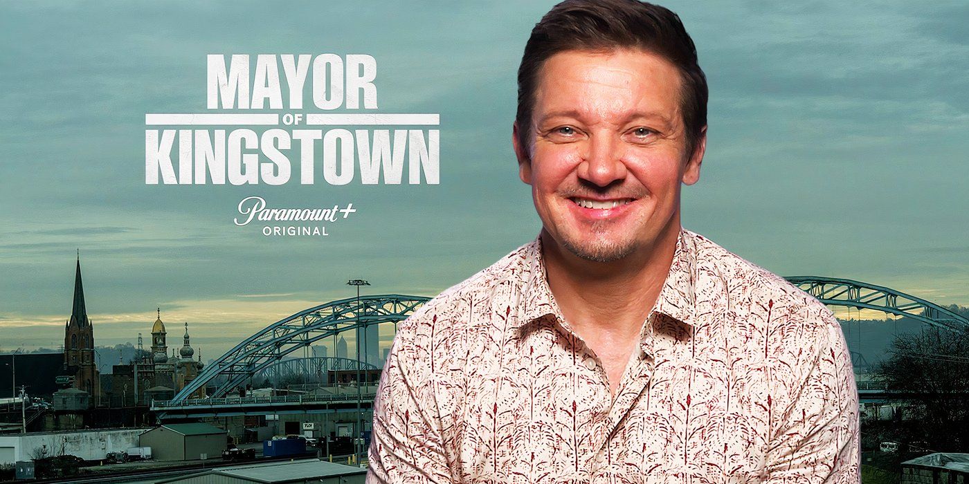 Edited image of Jeremy Renner during Mayor of Kingstown season 3 interview