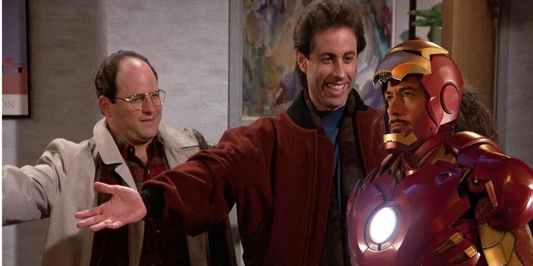 Still of Jerry  & George from Seinfeld (left) with the MCU version of Tony Stark (right) superimposed over top.