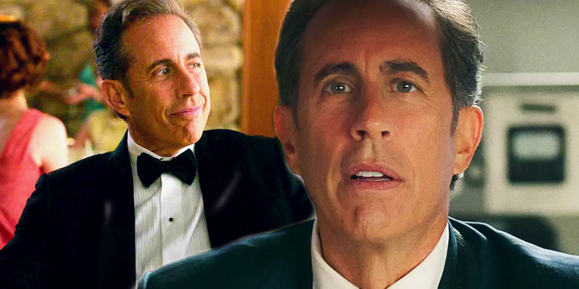 Jerry Seinfeld wearing a tux smiling next to Seinfeld looking ahead in Unfrosted