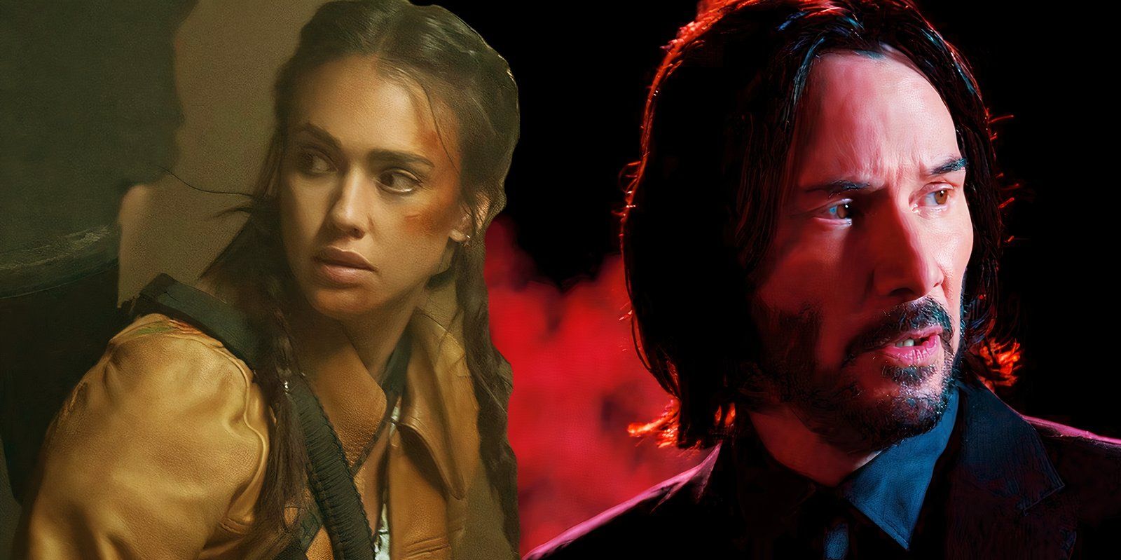 Jessica Alba as Parker in Trigger Warning next to Keanu Reeves as John Wick in John Wick