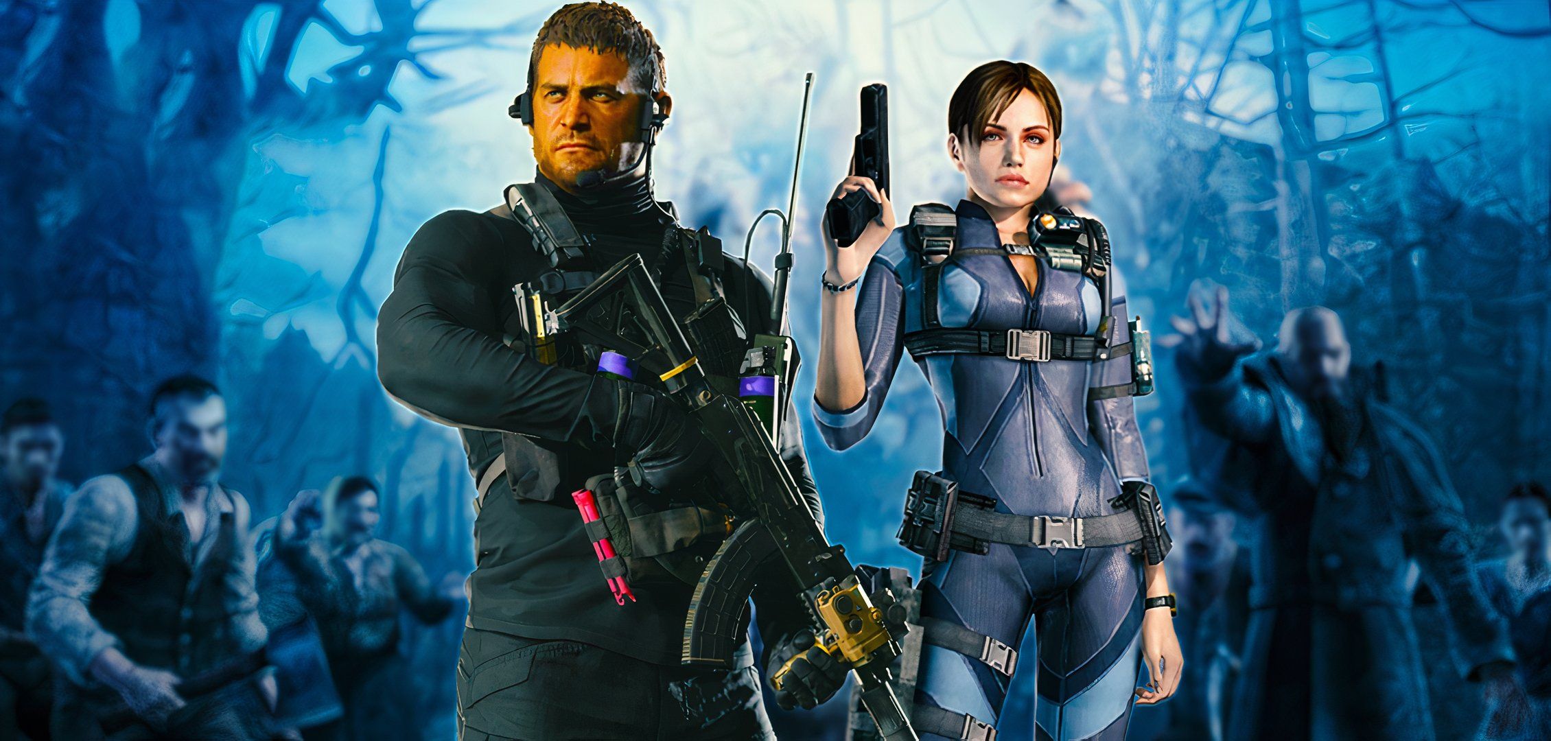 Jill Valentine and Chri Redfield from RE with zombies in the background