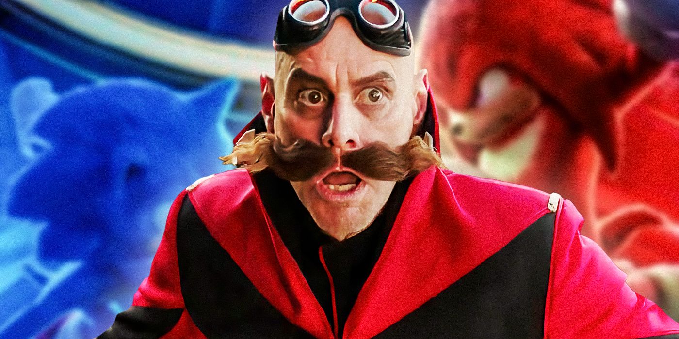 Jim Carrey as Dr. Robotnik with Sonic and Knuckles in the background from Sonic the Hedgehog 2