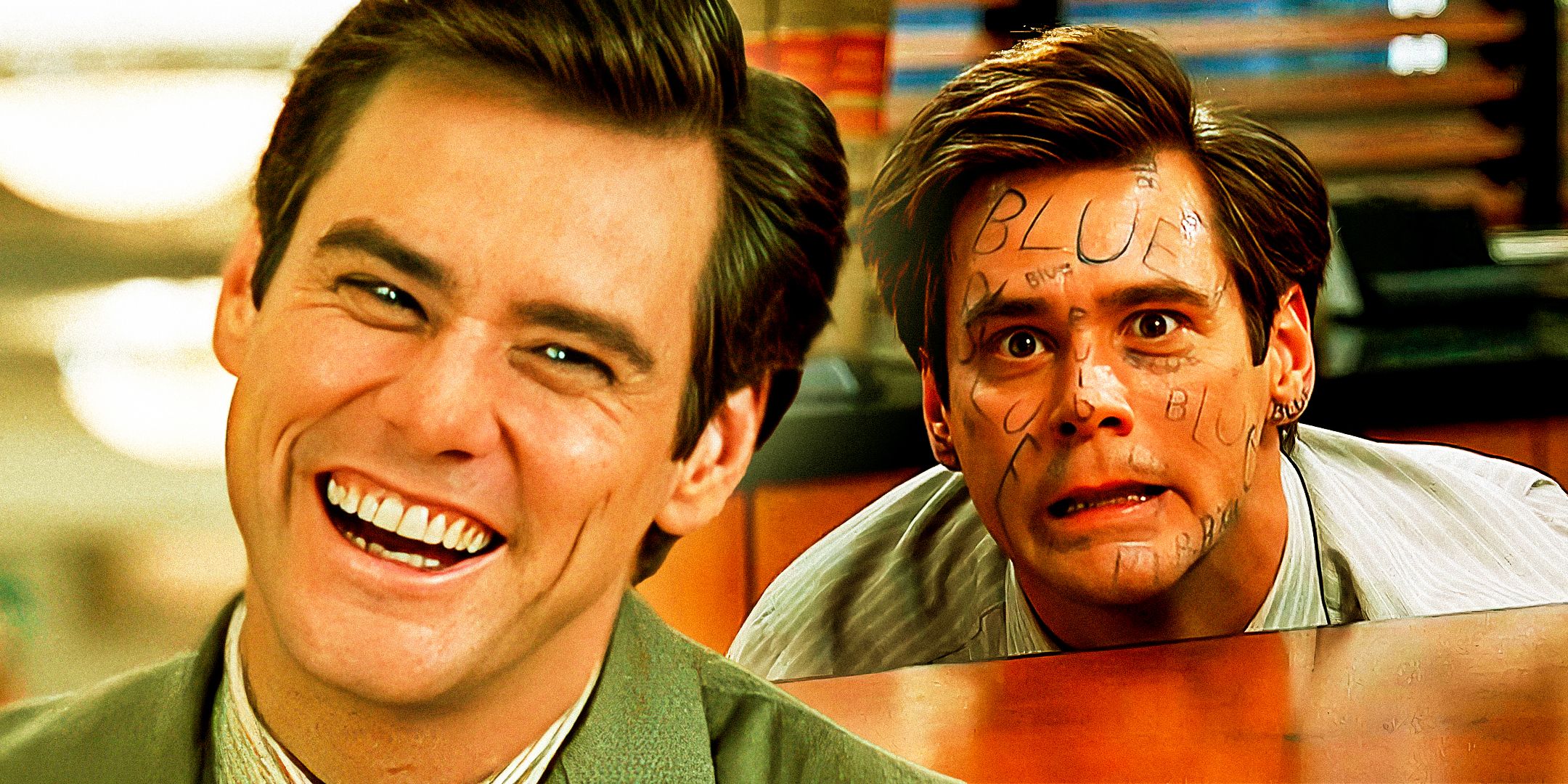 Custom image of Jim Carrey in Liar Liar, smiling and hiding behind a desk. 