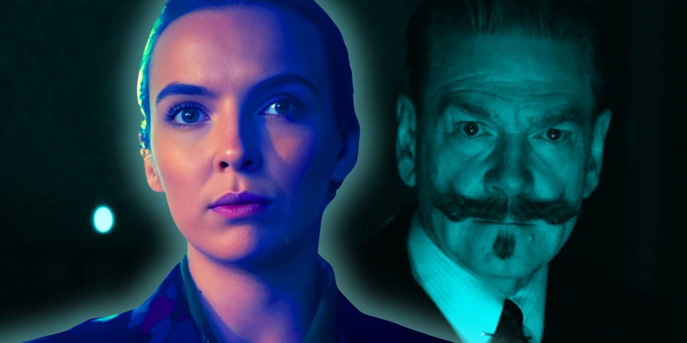 Jodie Comer as Villanelle looking serious in Killing Eve and Kenneth Branagh as Hercule Poirot looking grave in A Haunting in Venice
