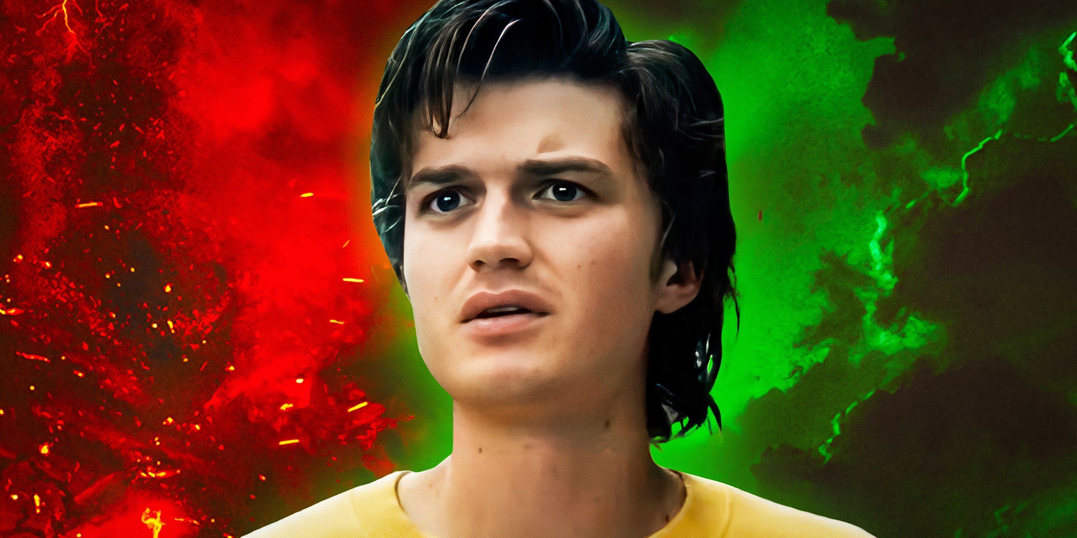 Joe Keery as Steve Harrington in Stranger Things season 4 with red and green clouds behind him