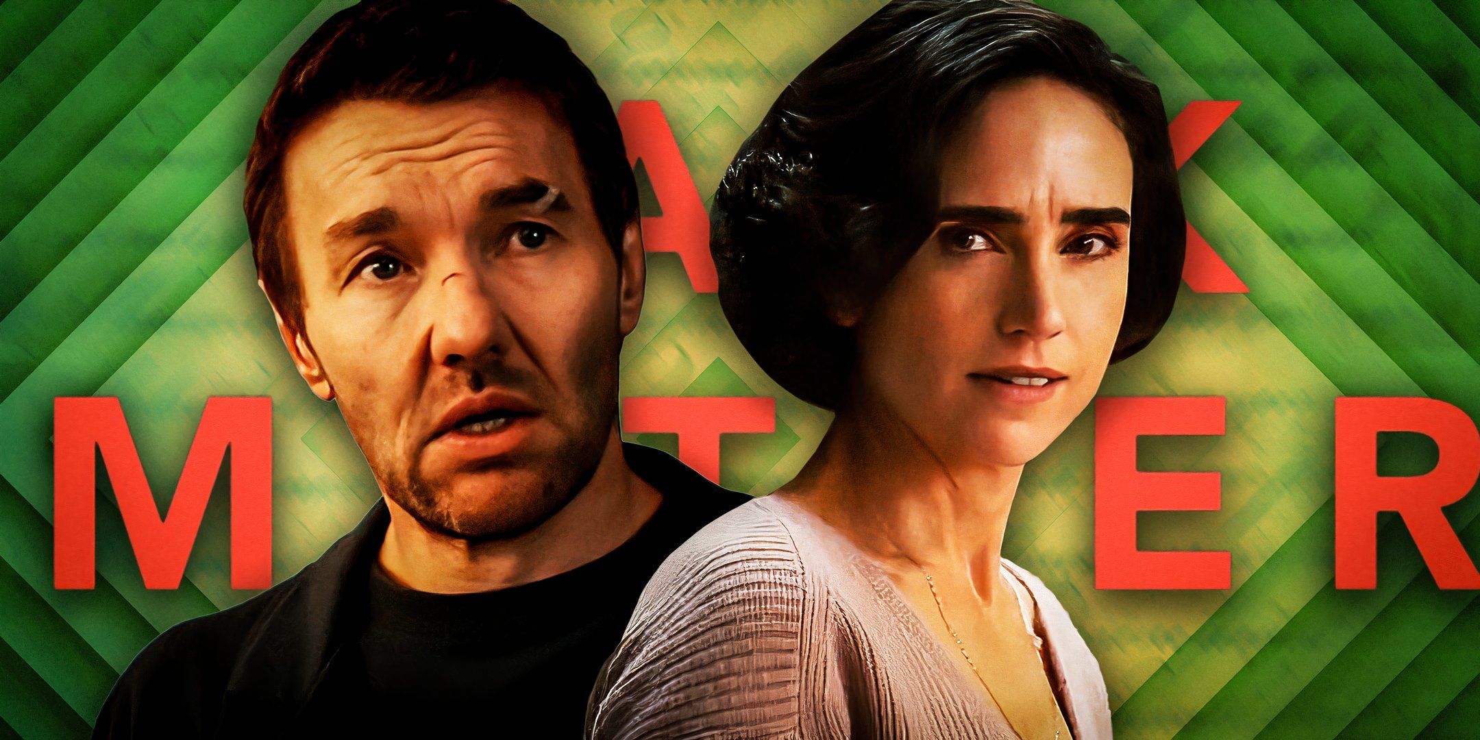 A custom image of Joel Edgerton as Jason Dessen and Jennifer Connelly as Daniela Vargas against a backdrop of the Dark Matter book cover