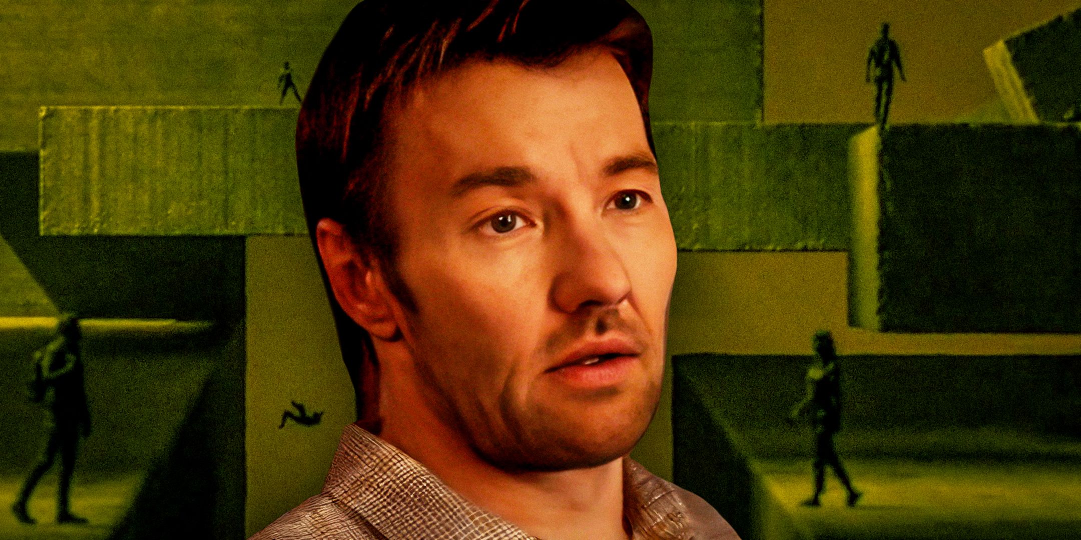 Joel Edgerton as Jason Dessen in Dark Matter with the imagery from the theme song as the background