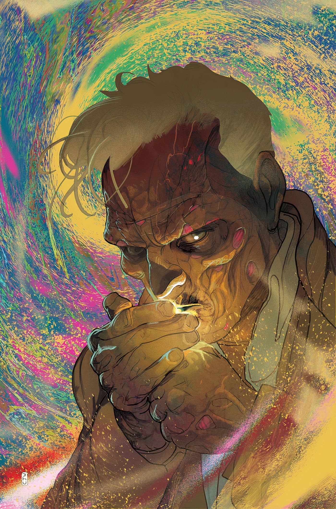 John Constantine, Hellblazer: Dead in America, a decaying Constantine lighting a cigarette against a psychedelic backdrop.