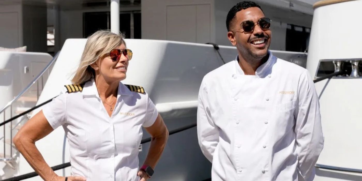 Johnathan Shillingford and Captain Sandy from Below Deck Med season 9 wearing white uniforms