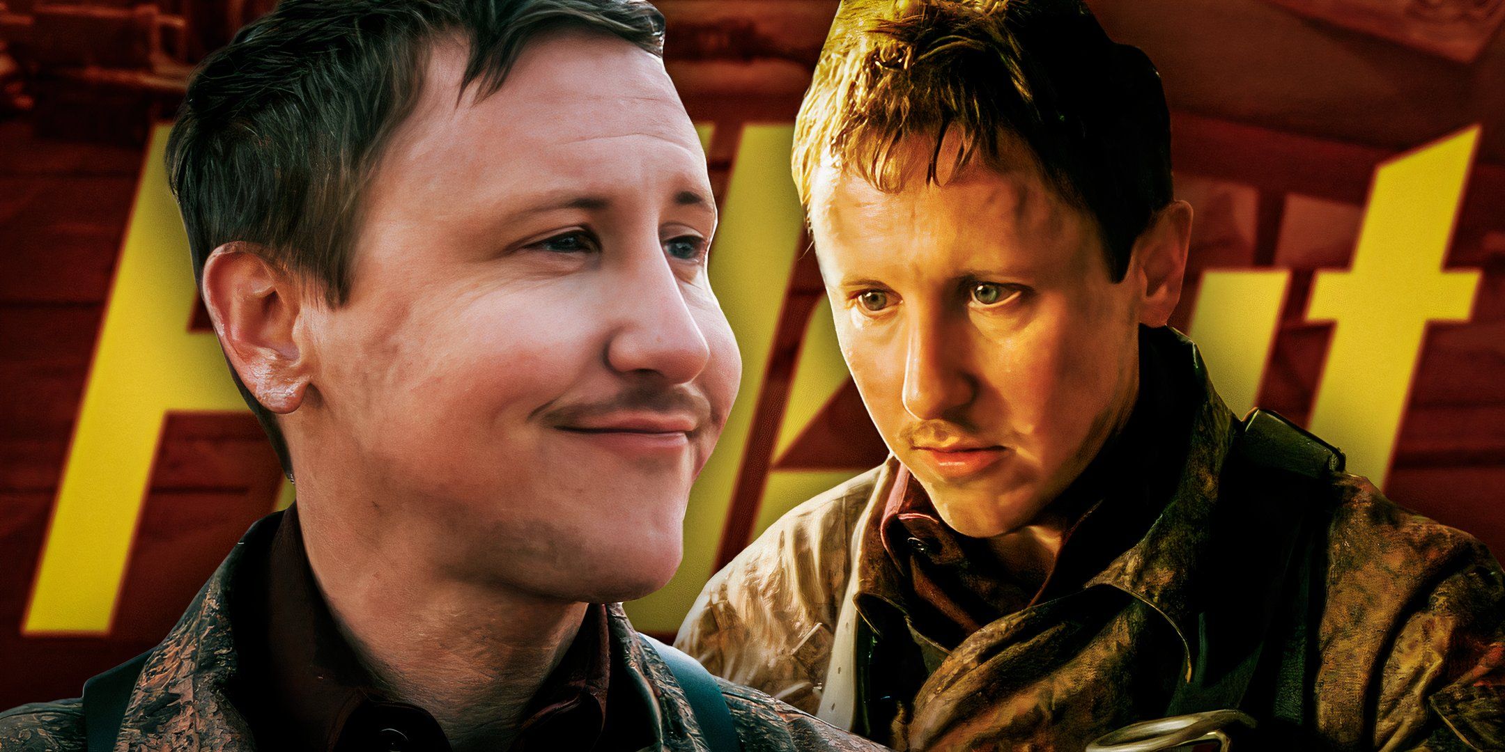 Johnny Pemberton as Thaddeus smiling and with a worried look on his face in front of the Fallout logo
