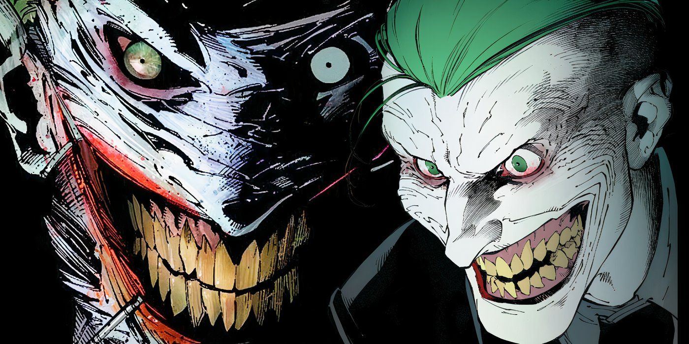 Joker wearing his severed face with a bloody smile to the left and Joker from Endgame smiling with a fixed face to the right.