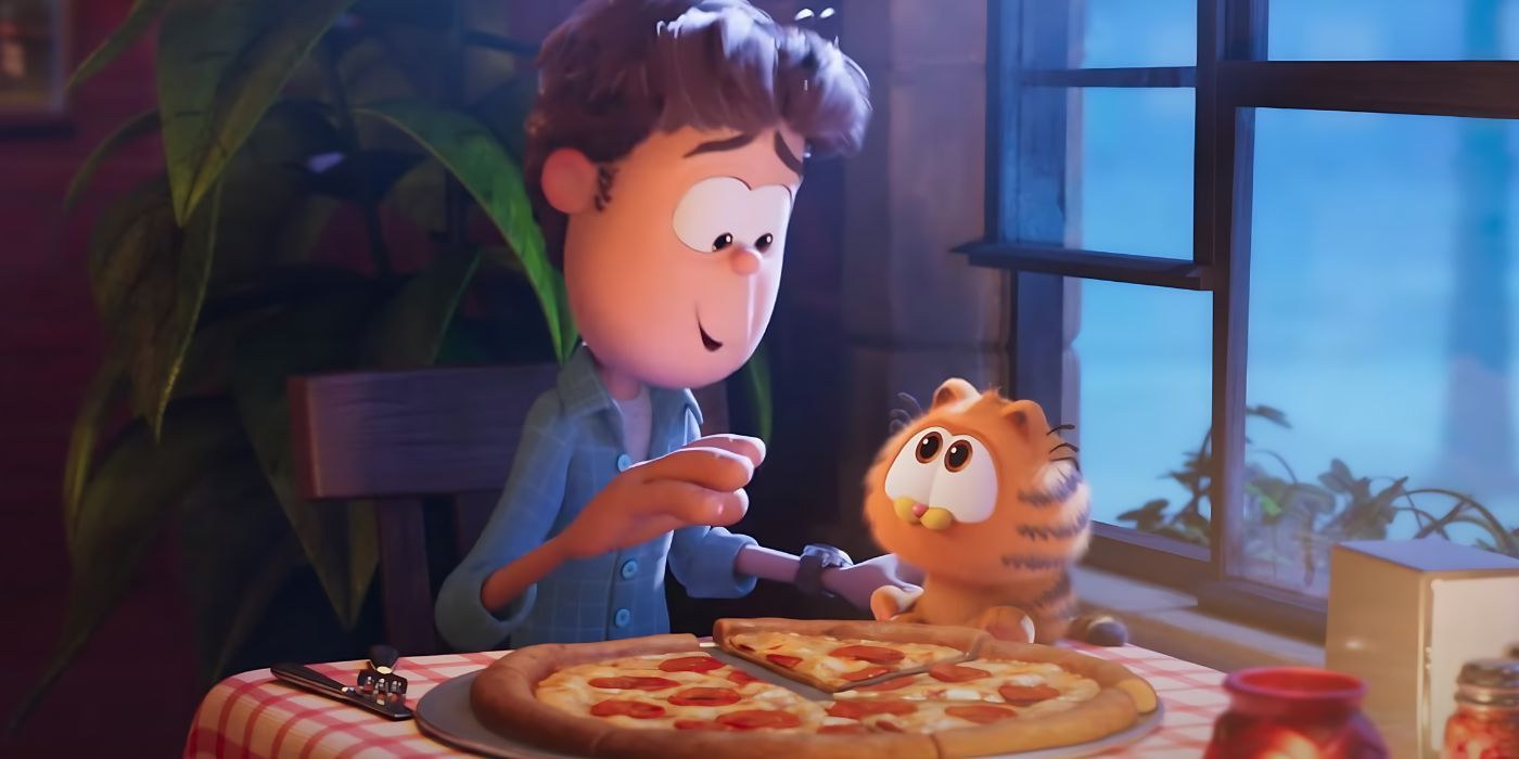 Jon Arbuckle (Nicholas Hoult) leva o gatinho Garfield (Chris Pratt) para comer pizza no filme Garfield