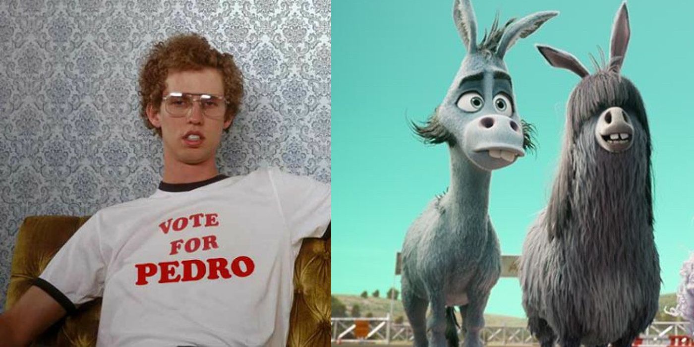 Jon Heder and Thelma the Unicorn and in Napoloen Dynamite side-by-side image