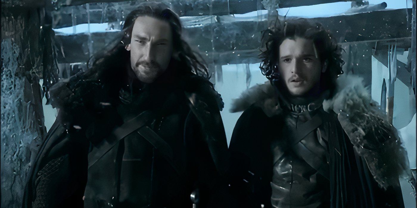 Jon Snow and Benjen Stark talking on the Wall in Game of Thrones
