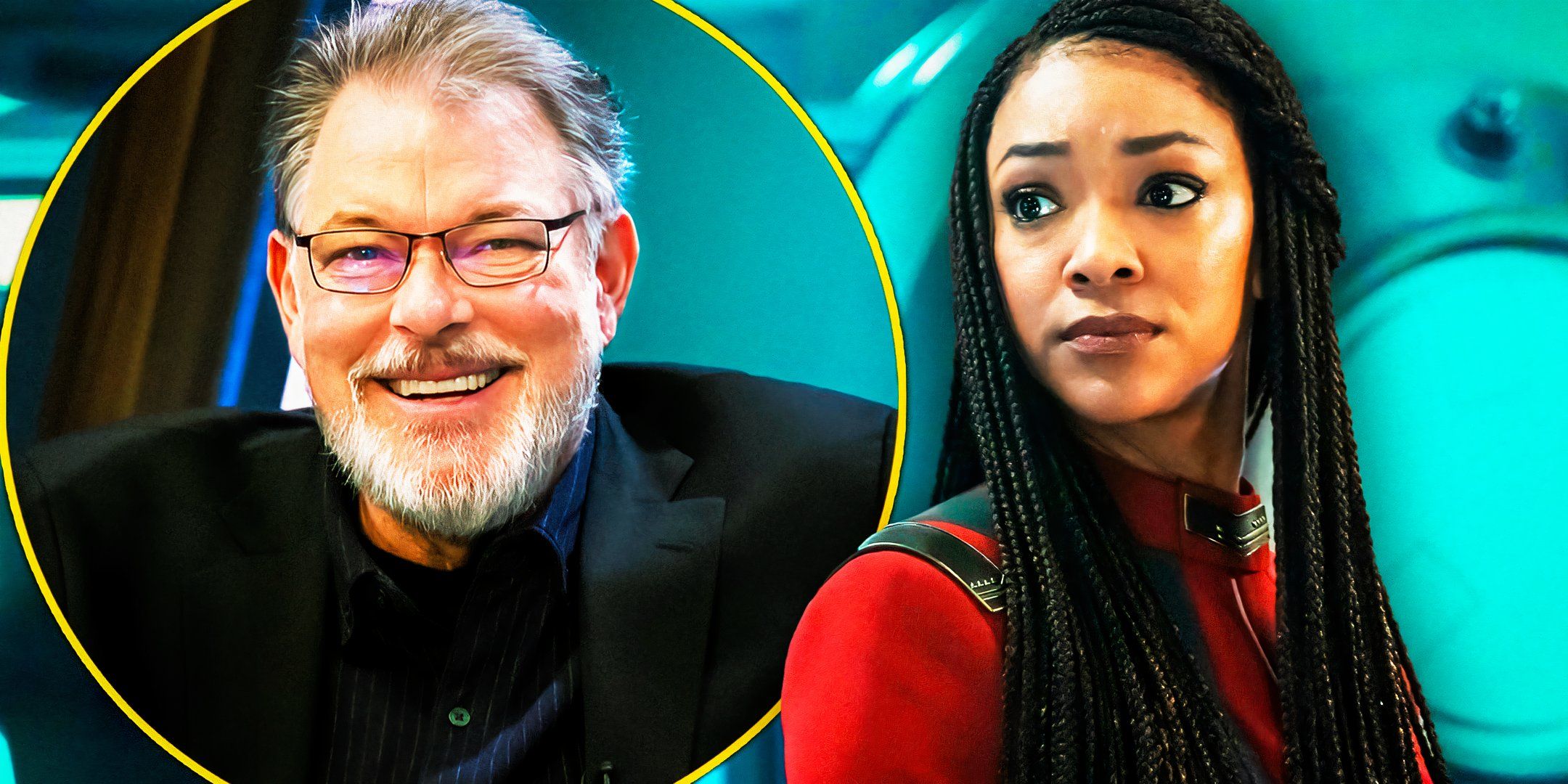 Star Trek's Jonathan Frakes smiling next to Sonequa Martin-Green's Captain Burnham.