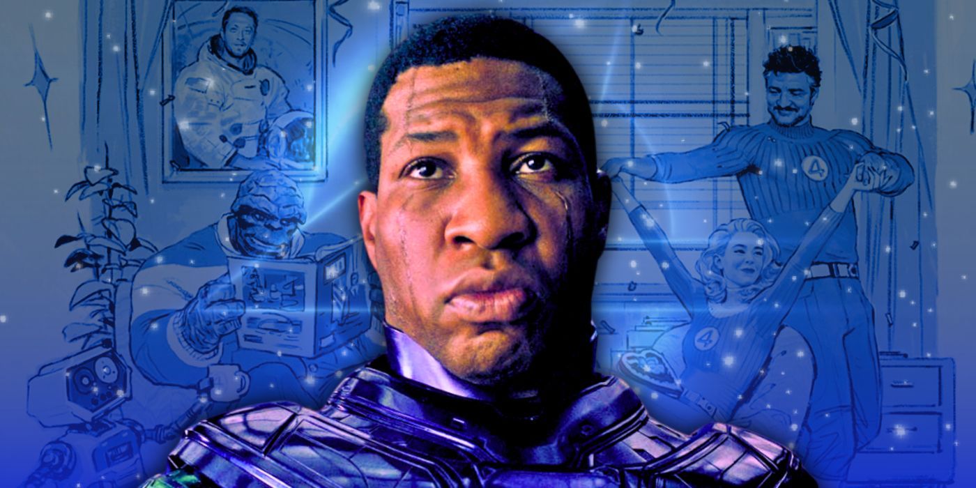 Jonathan Majors as Kang the Conqueror frowns in front of the MCU's Fantastic Four with a cosmic blue background