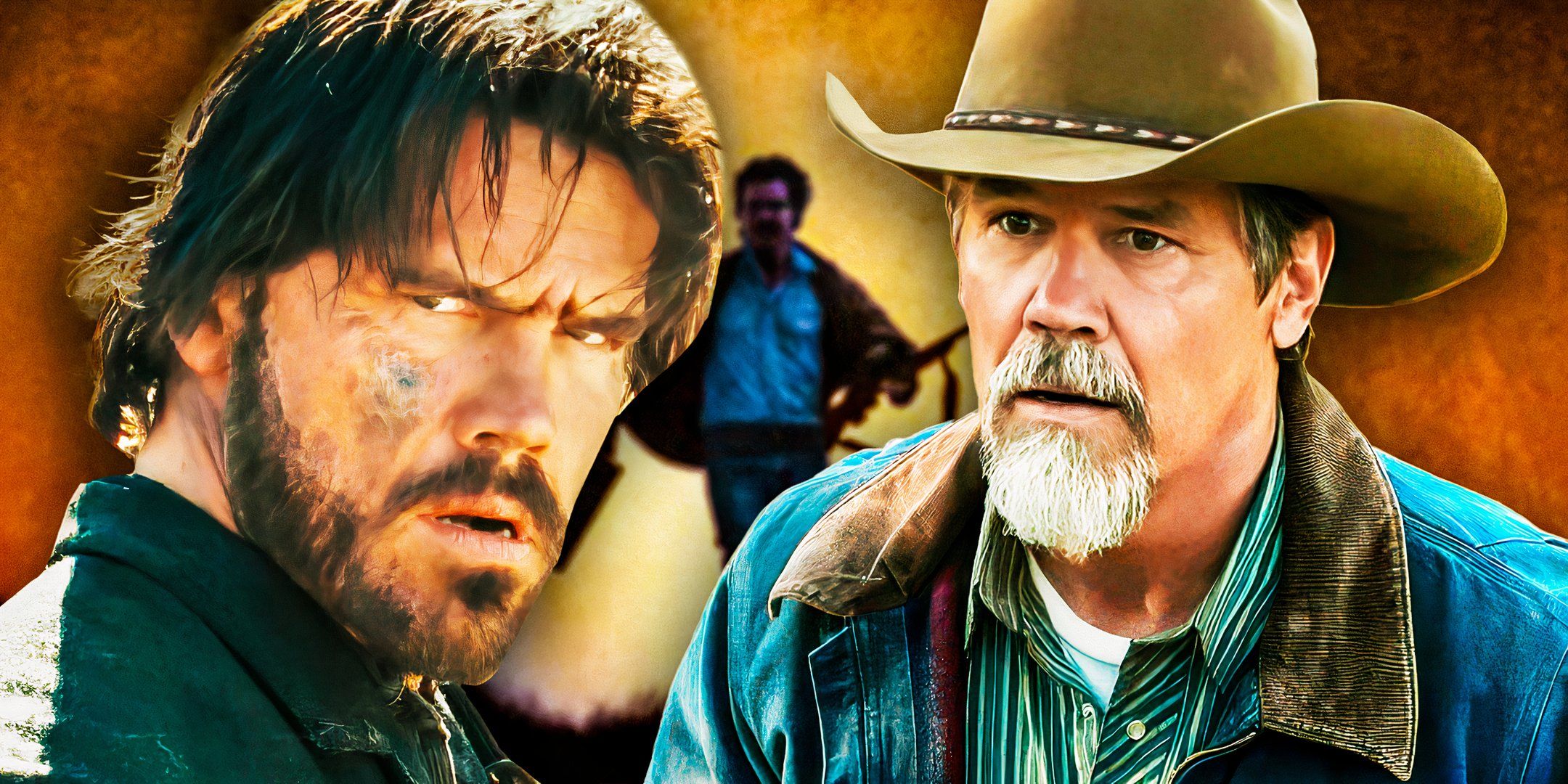 Josh Brolin as Royal Abbott from Outer Range and Josh Brolin as Tom Chaney from True Grit