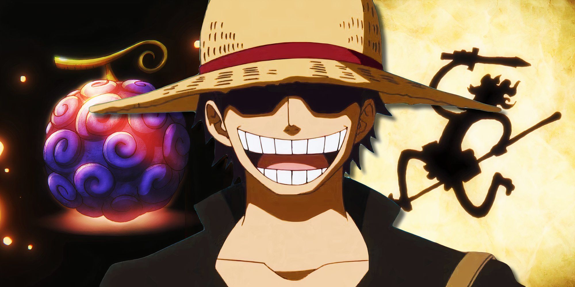 a young gol d roger smiling wearing a straw hat representing joyboy in one piece with the silhouette of sun god nika and the nika fruit in the background