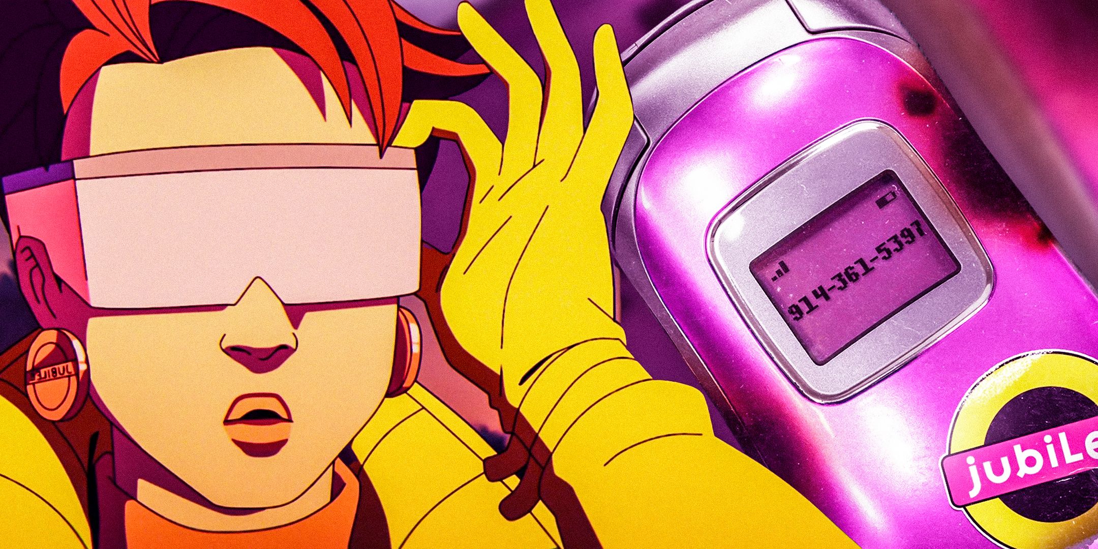 Jubilee with a hand on her shades in X-Men '97 (2024) on the left, Jubilee's pink cellphone with the number 914-361-5387 from a Marvel Studios tweet on the right