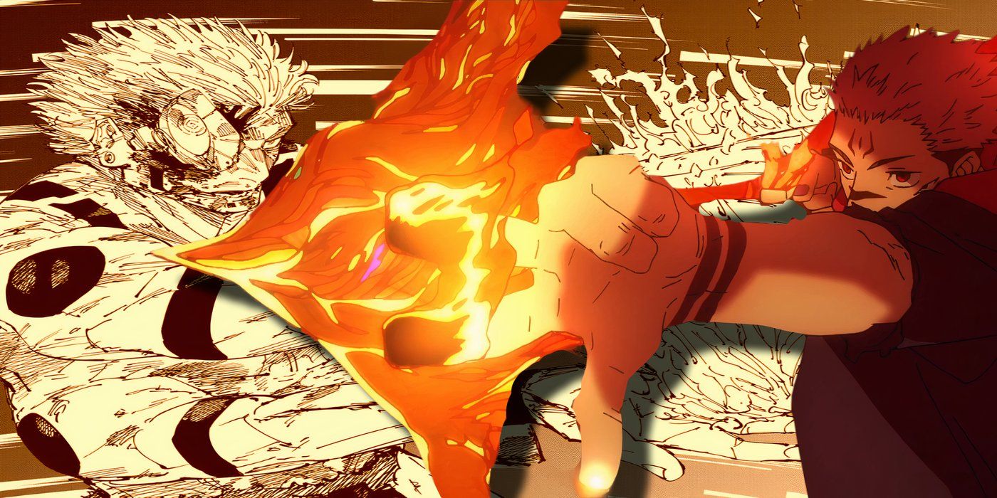 Jujutsu Kaisen Sukuna Divine Flame in the anime and manga versions of the series collaged together in an edited image