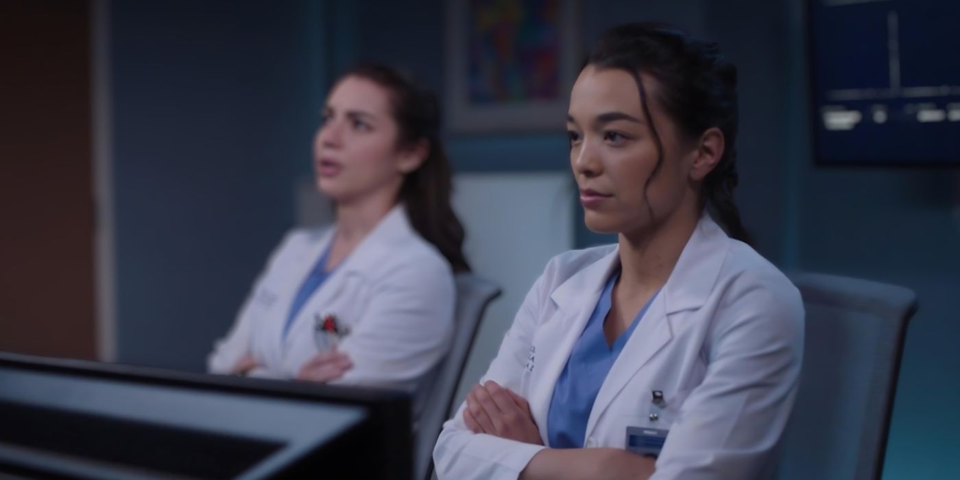Jules Millin (Adelaide Kane) and Mika Yasuda (Midori Francis) wait for MRI results in the Grey's Anatomy season 20 finale