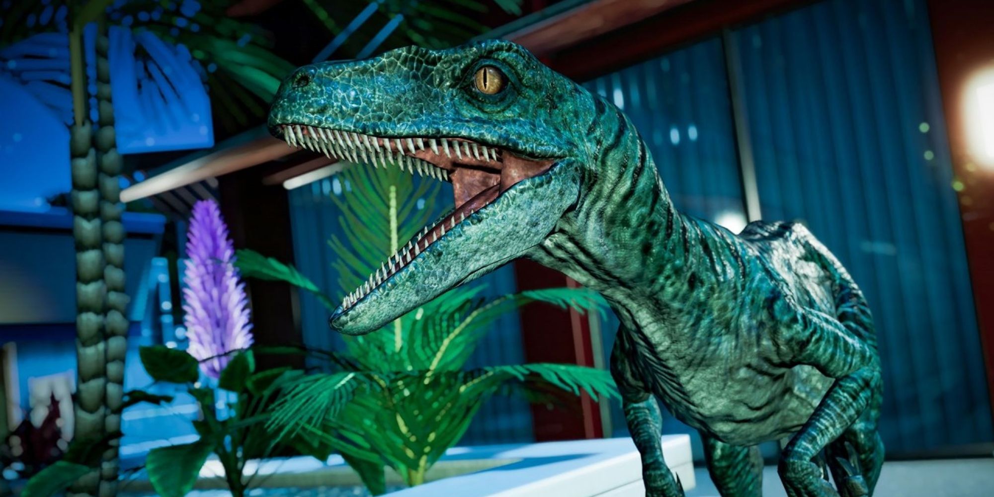 A close up of Jurassic World Evolution's Velociraptor
