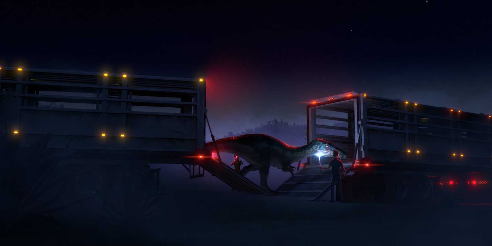 A dinosaur is moved from one truck to another in Jurassic World: Chaos Theory.
