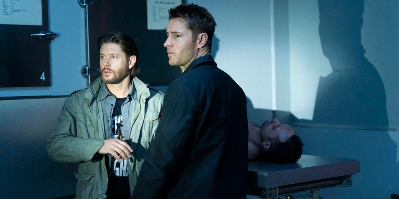 Jensen Ackles and Justin Hartley in a morgue with a body on a slab