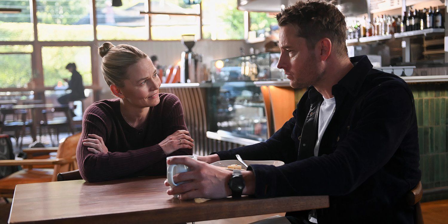 Justin Hartley as Colter Shaw and Jennifer Morrison as Lizzy speaking at a cafe in Tracker