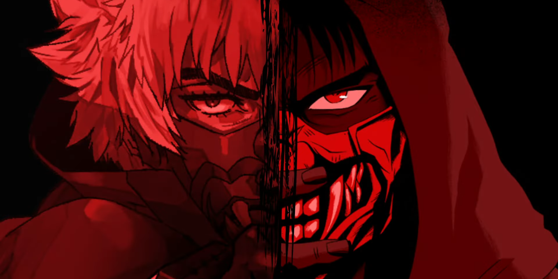 Tsukumo from Ninja Kamui: Shinobi Origins and Higan from Ninja Kamui form a split image with a red filter