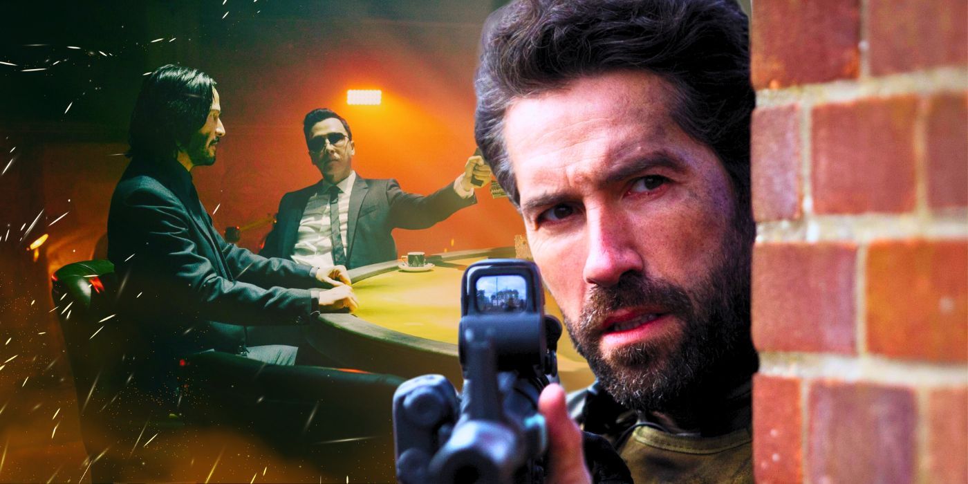 Keanu Reeves and Donnie Yen in John Wick 4 sitting at a table next to Scott Adkins in One More Shot holding a gun