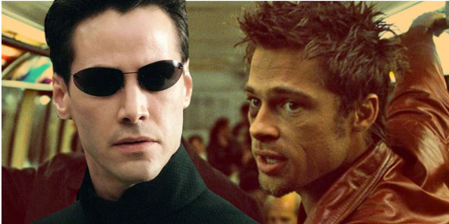 Keanu Reeves as Neo in The Matrix and Brad Pitt as Tyler Durden in Fight Club