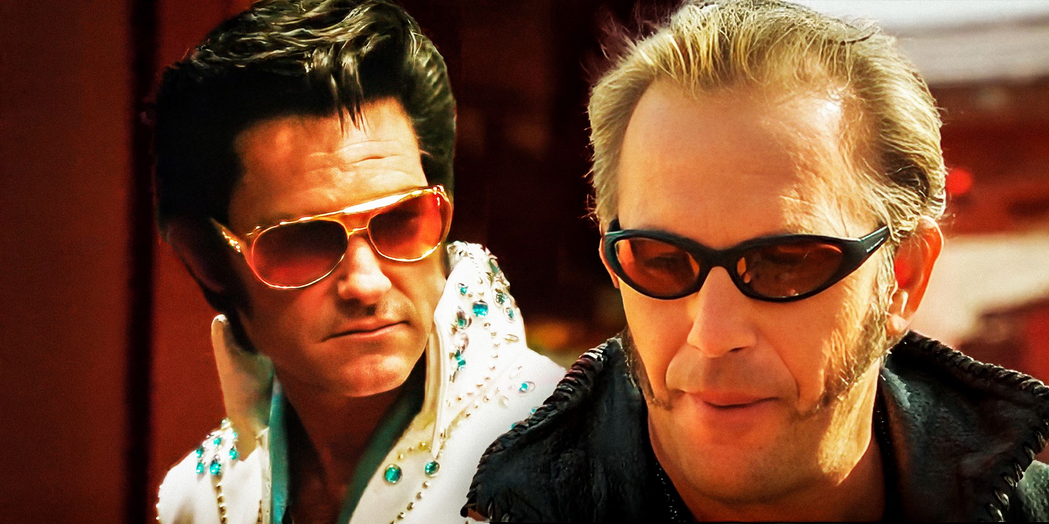 Kevin Costner como Murphy de óculos escuros e Kurt Russell como Michael Zane vestido como Elvis de 3000 Miles to Graceland